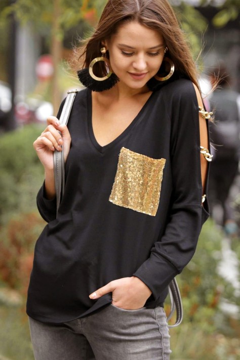 Μαύρη Γυναικεία Μπλούζα Με Τσέπη Από Χρυσές Παγιέτες